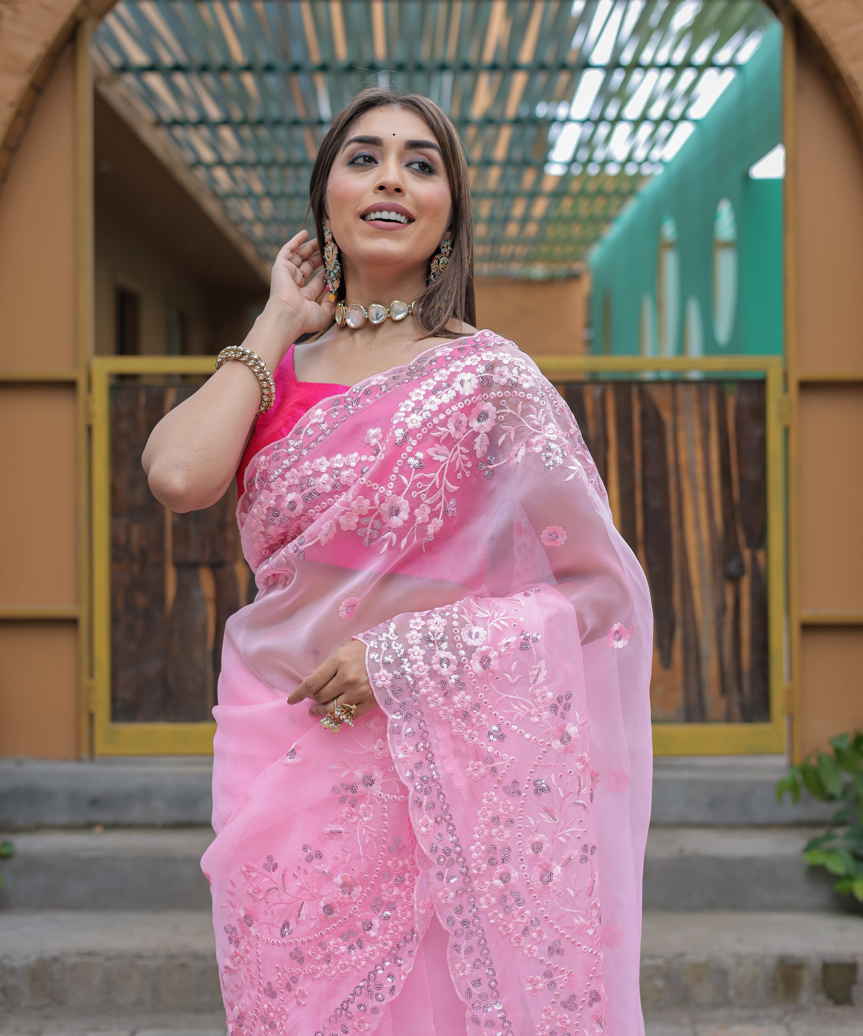 Pink Organza Saree With Satin Benglori Blouse