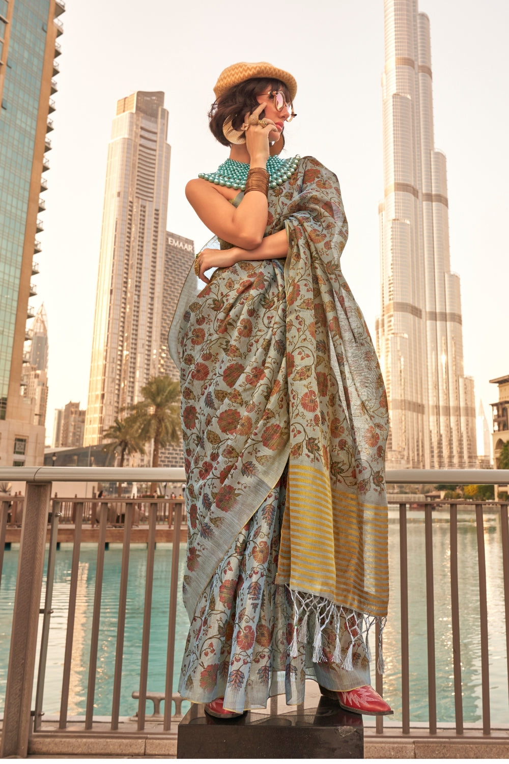 Carcoal Grey Printed Tissue Saree
