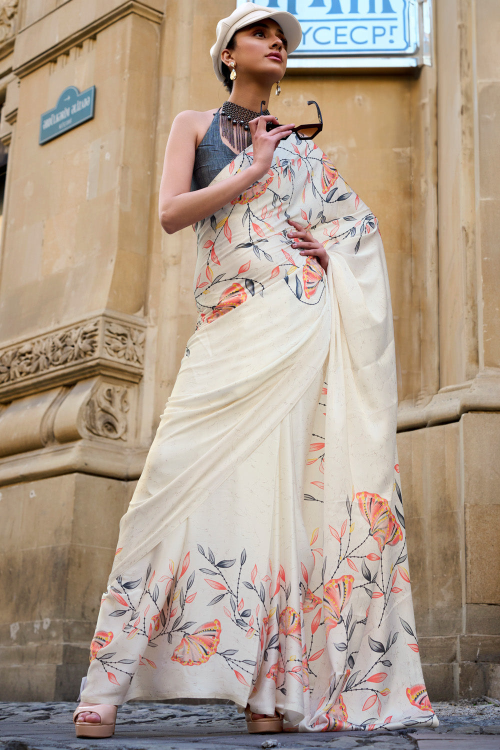 Cream Satin Silk Saree