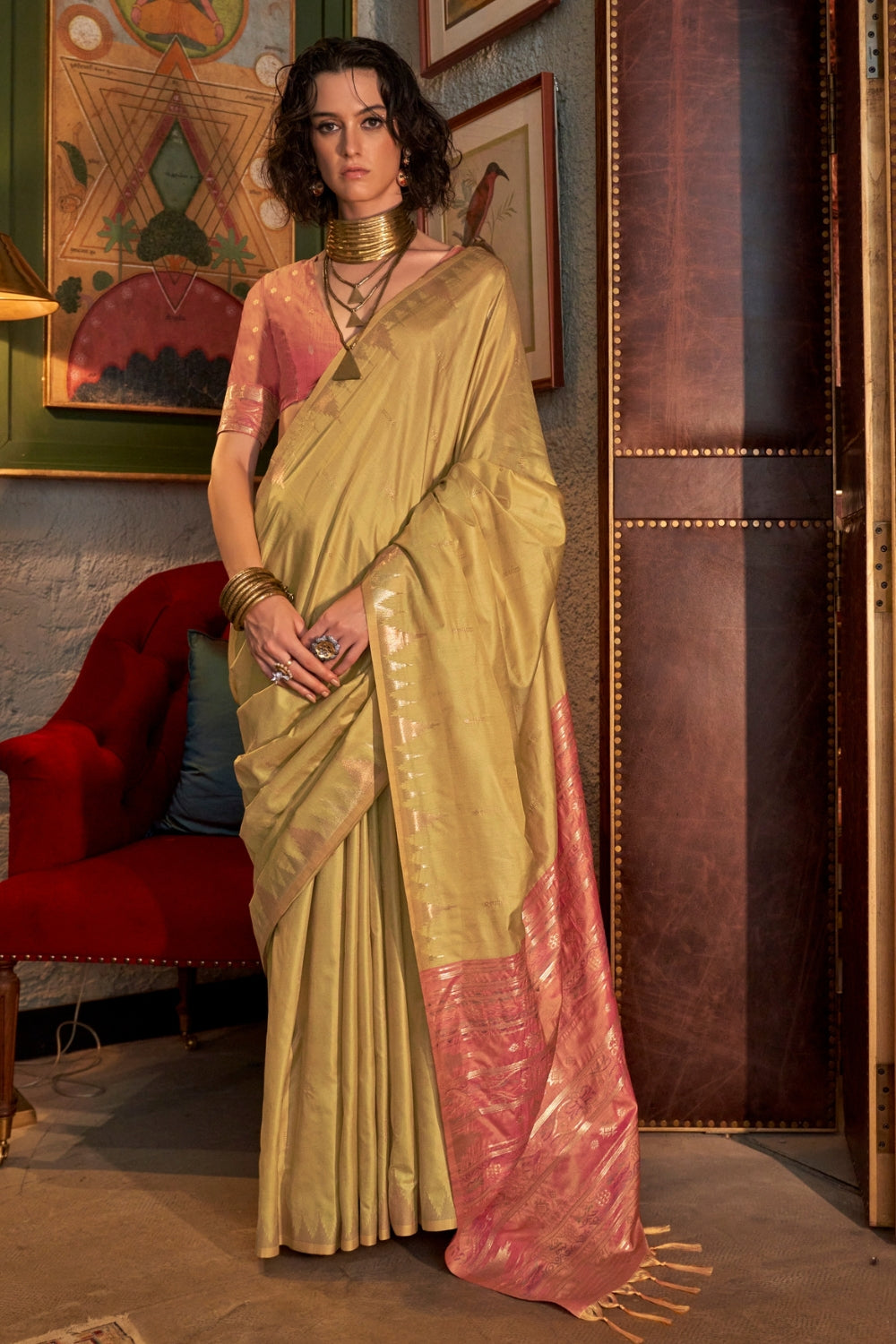 Yellow Tussar Silk Saree