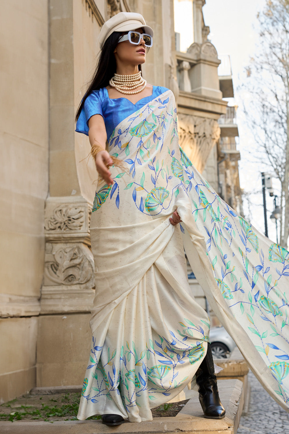 Off White Satin Silk Saree
