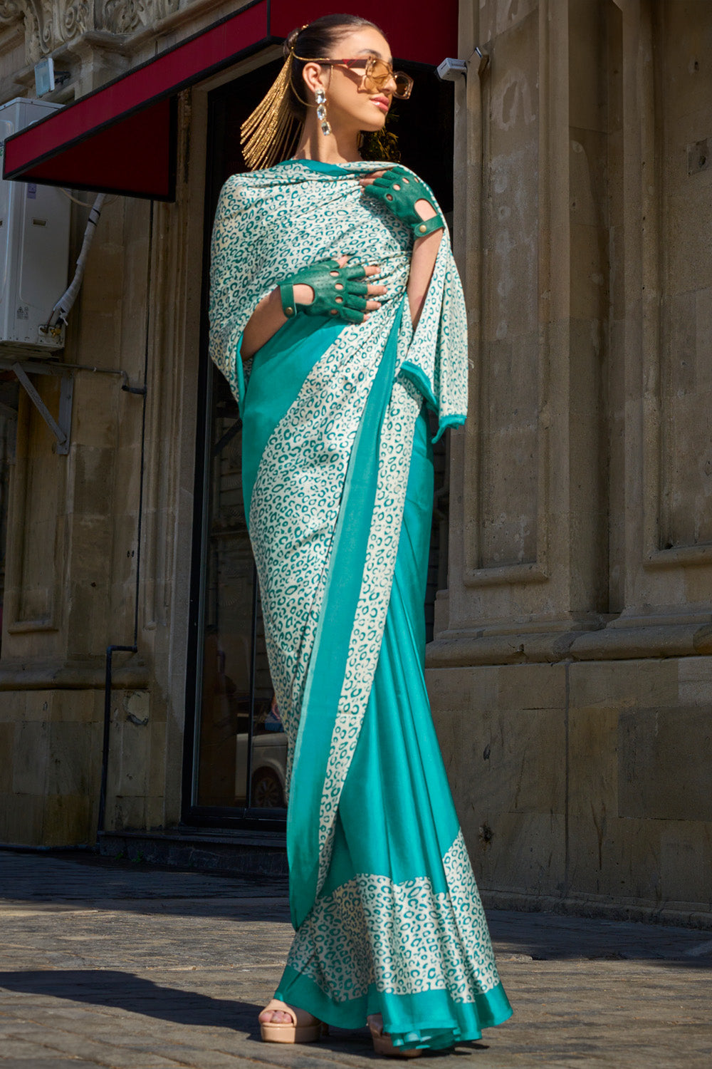 Teal Satin Silk Saree