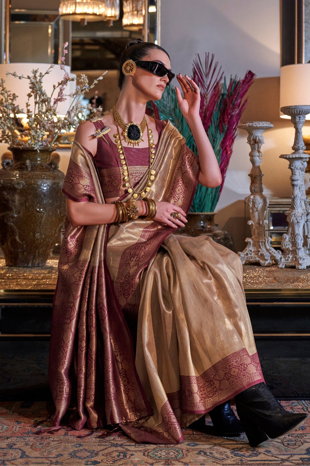 Golden Zari Tissue Saree