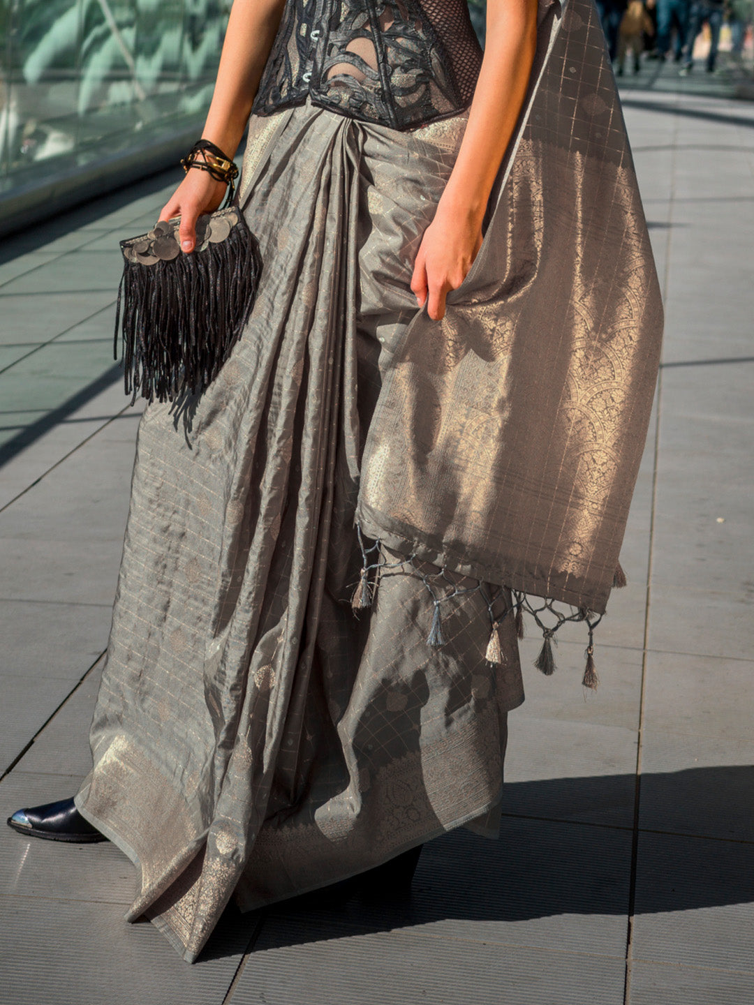 Grey Katan Silk Saree