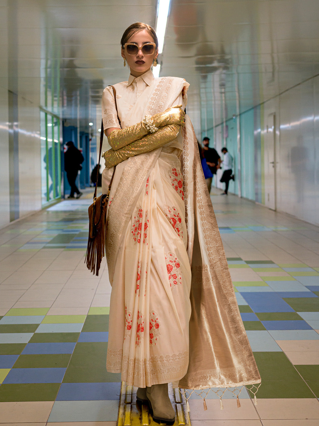 Cream Katan Silk Saree