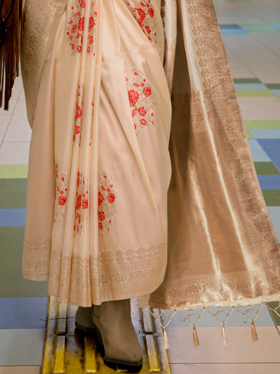Cream Katan Silk Saree