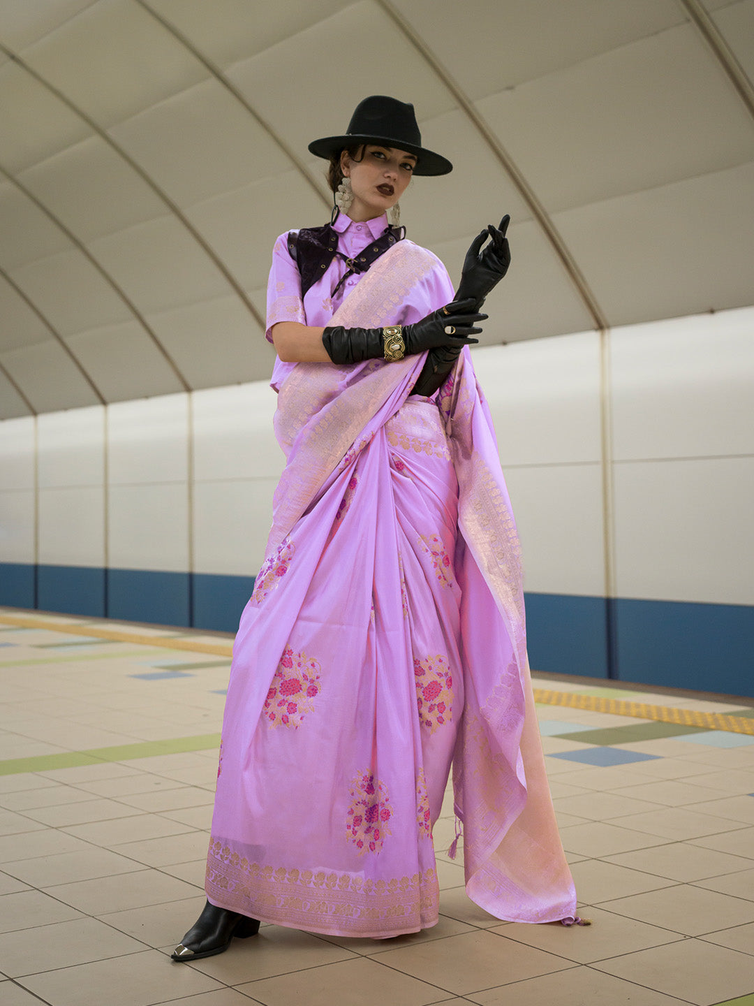 Pink Katan Silk Saree
