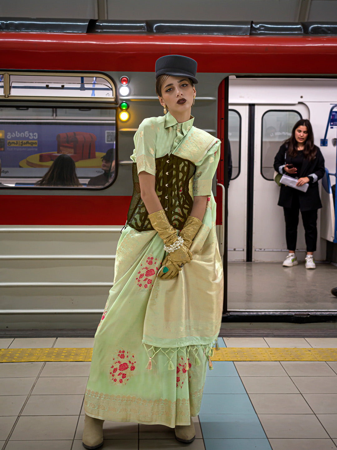 Lime Green Katan Silk Saree