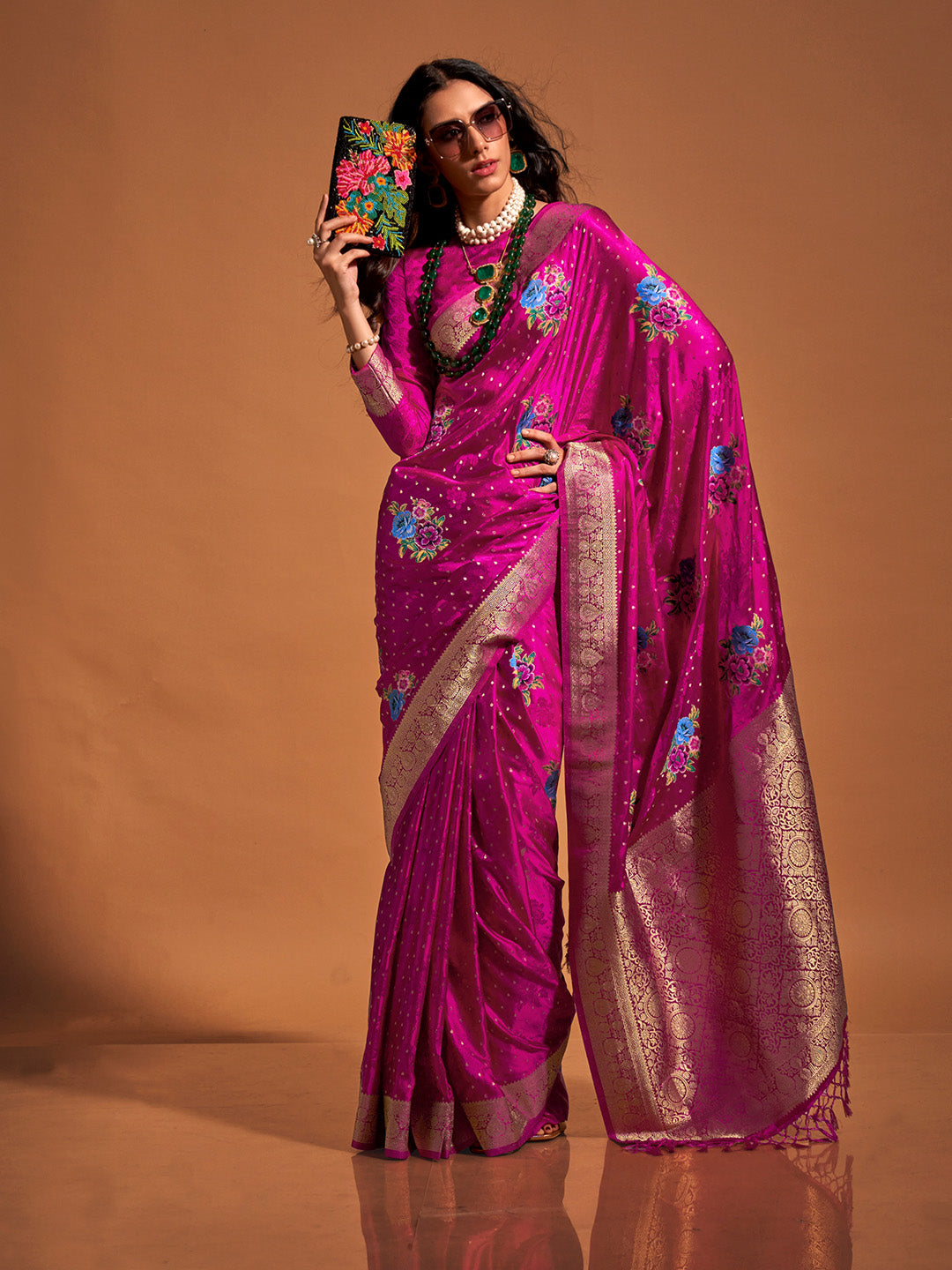 Marron Pure Satin Silk Saree