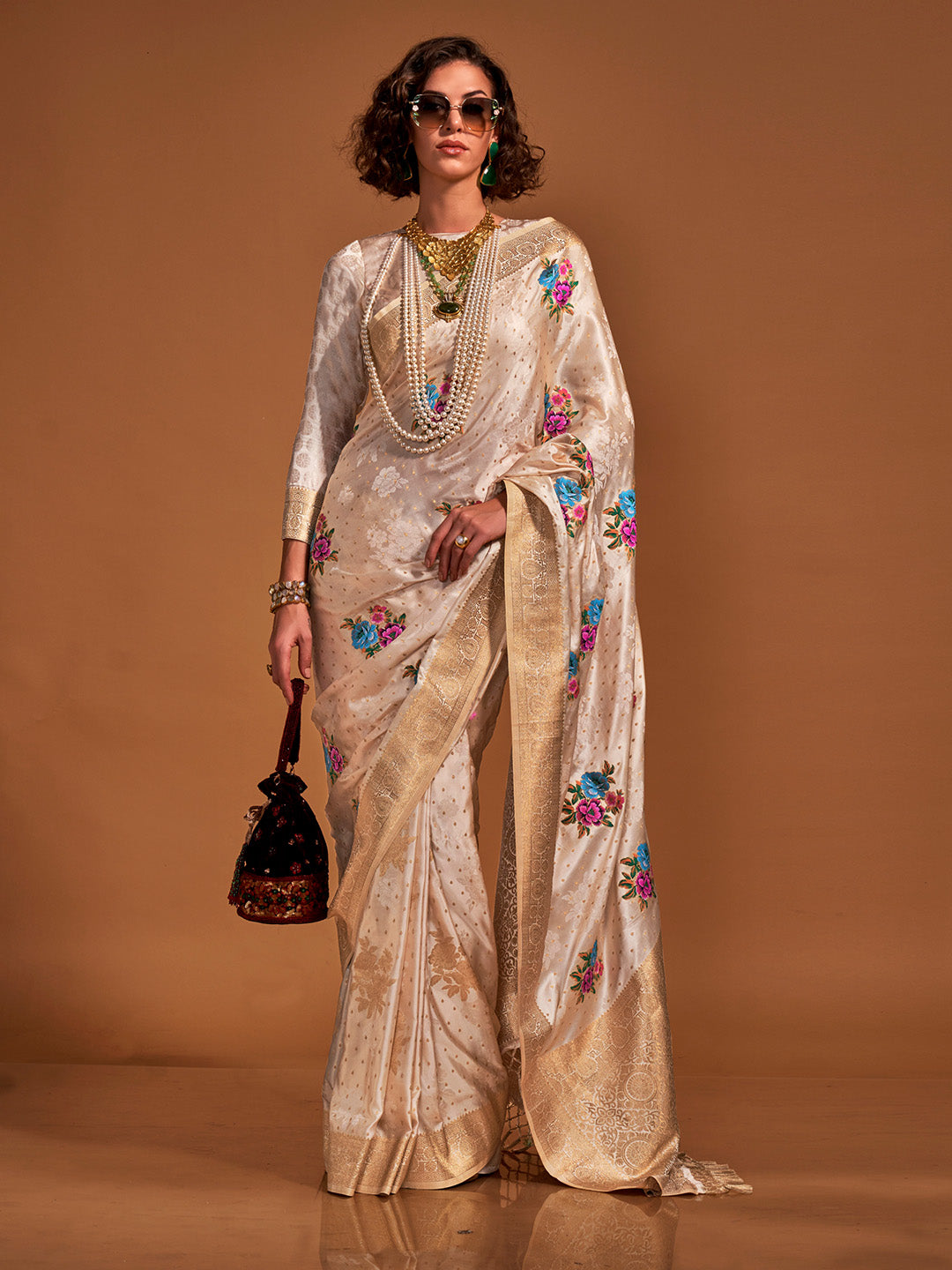 Beige Pure Satin Silk Saree