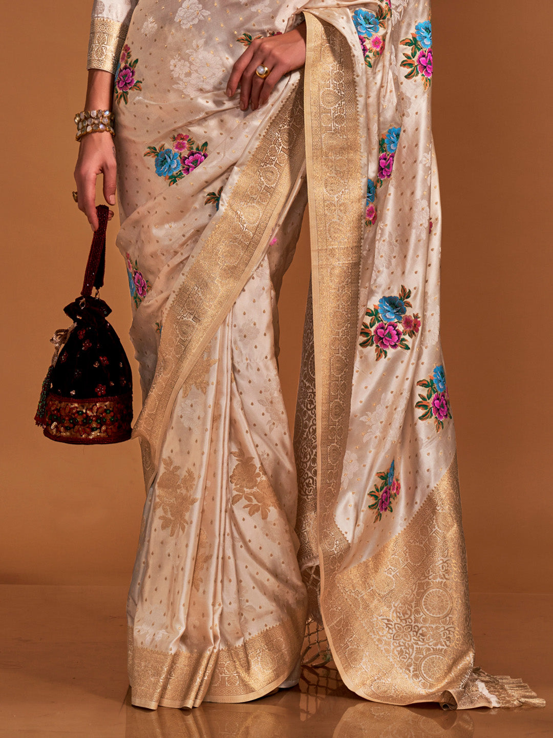 Beige Pure Satin Silk Saree