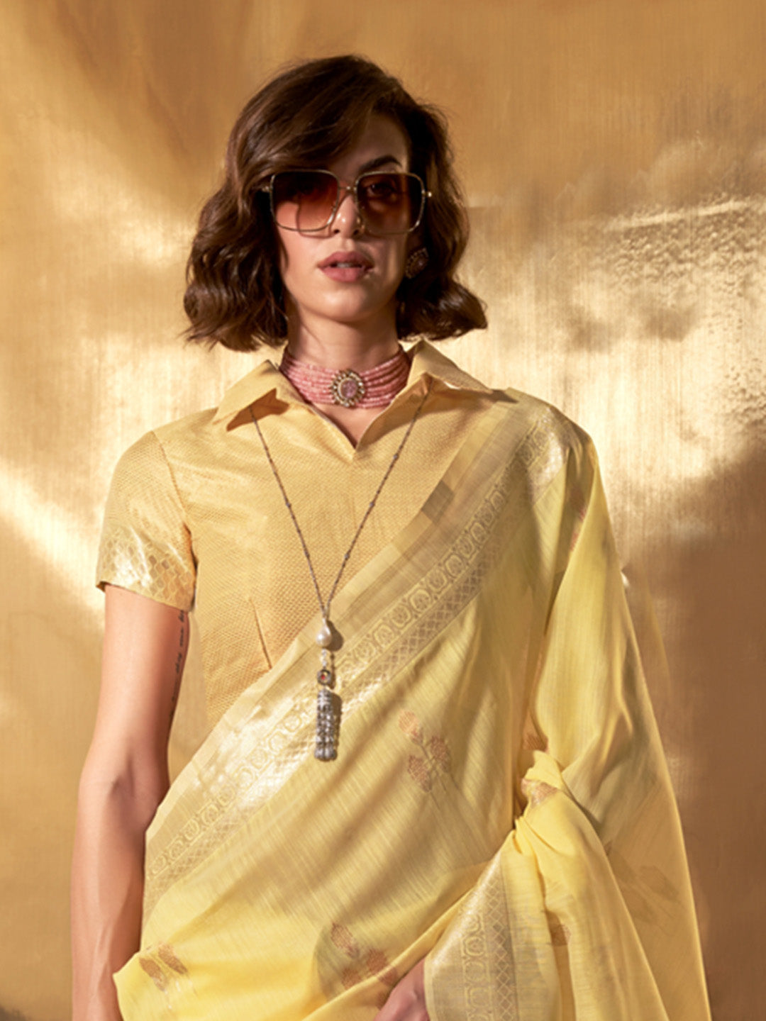 Yellow Party Wear Linen Saree