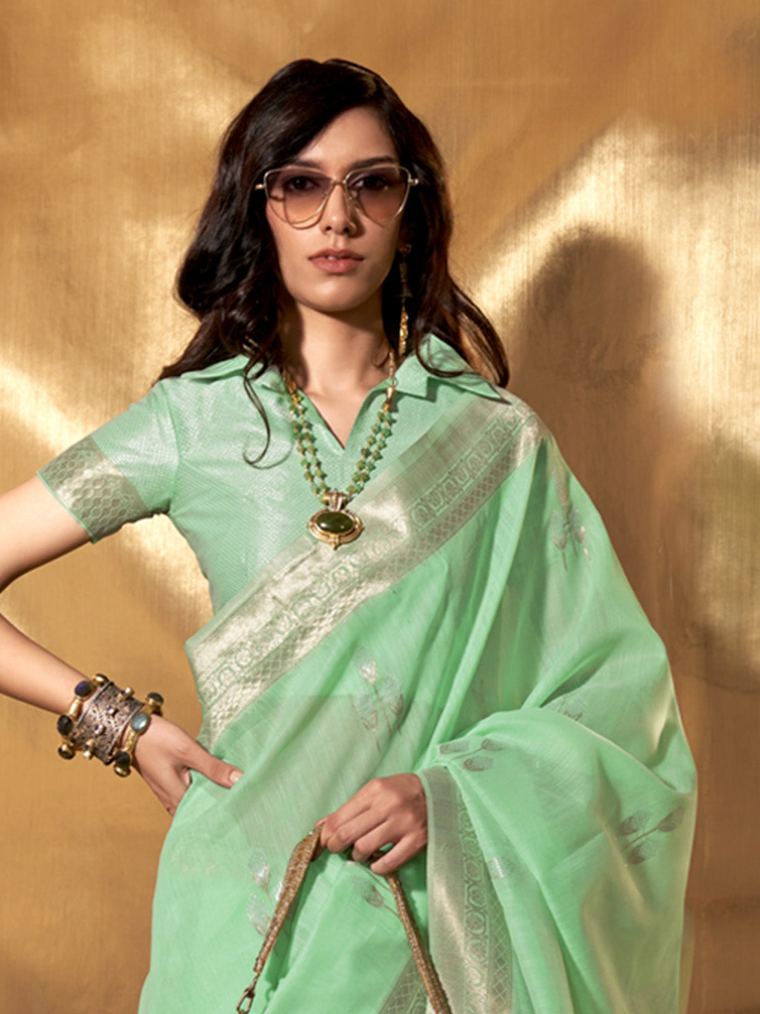Mint Green Party Wear Linen Saree