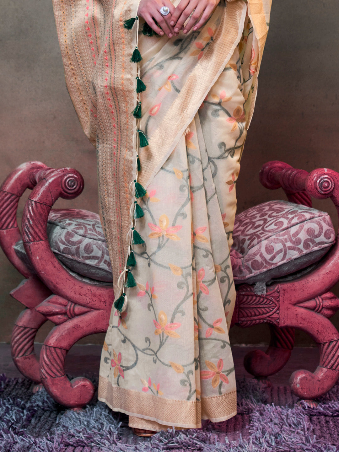 Cream Jamdani Cotton Saree