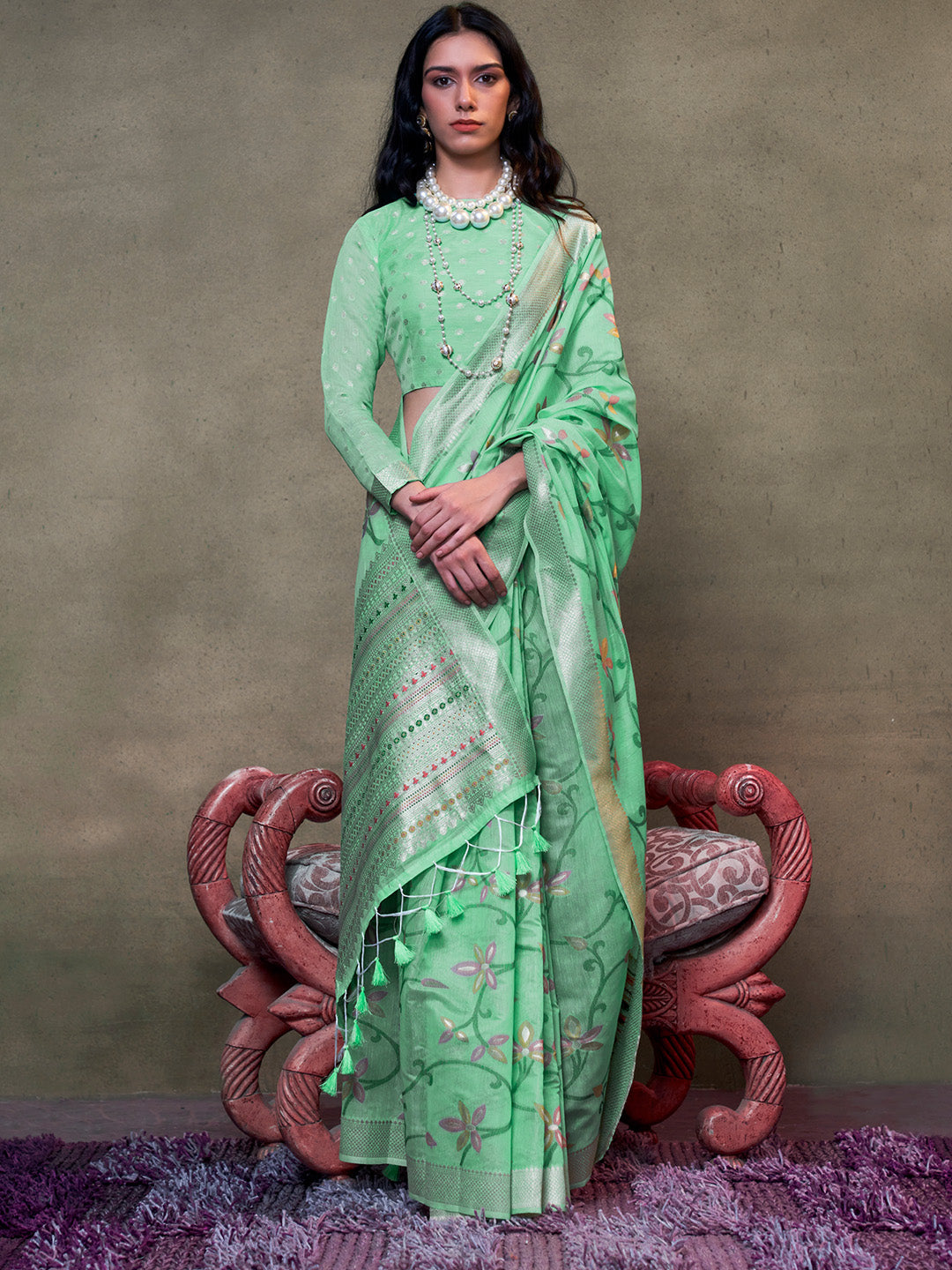 Mint Green Jamdani Cotton Saree