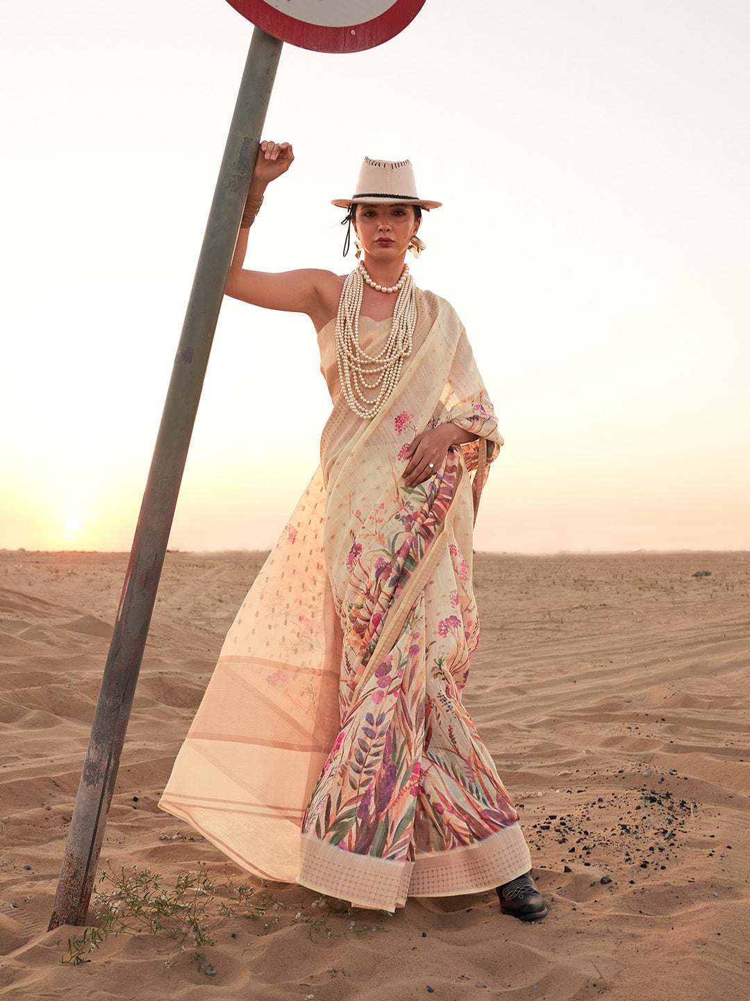 Multicolour Printed Linen Saree