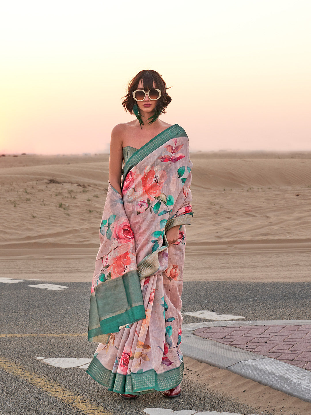 Multicolour Printed Linen Saree