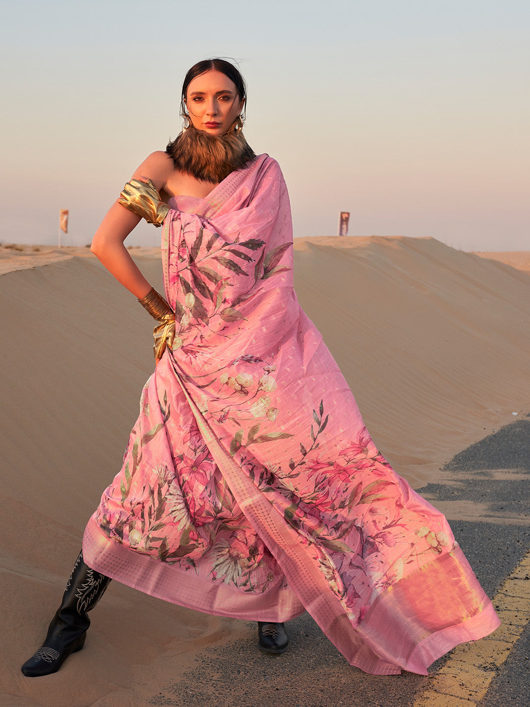 Multicolour Printed Linen Saree