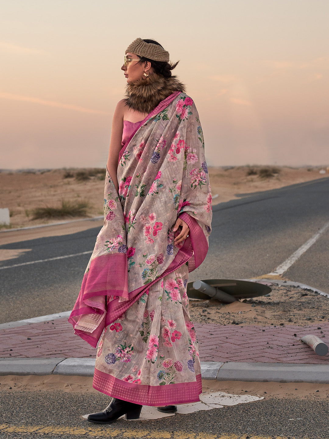 Multicolour Printed Linen Saree