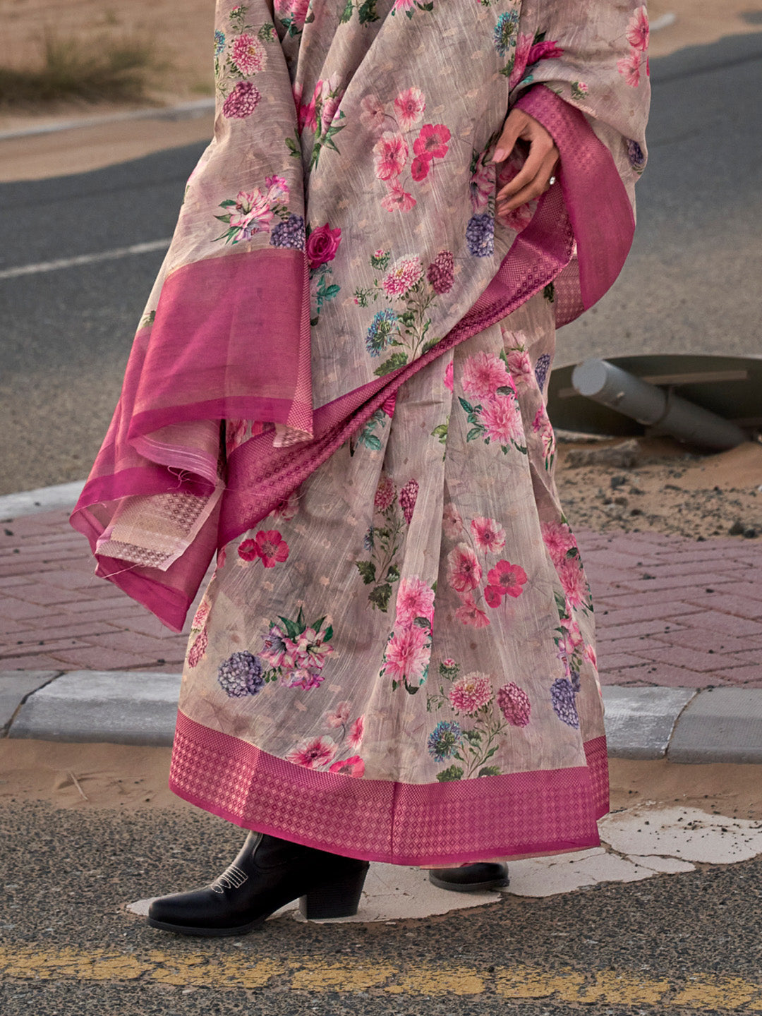 Multicolour Printed Linen Saree