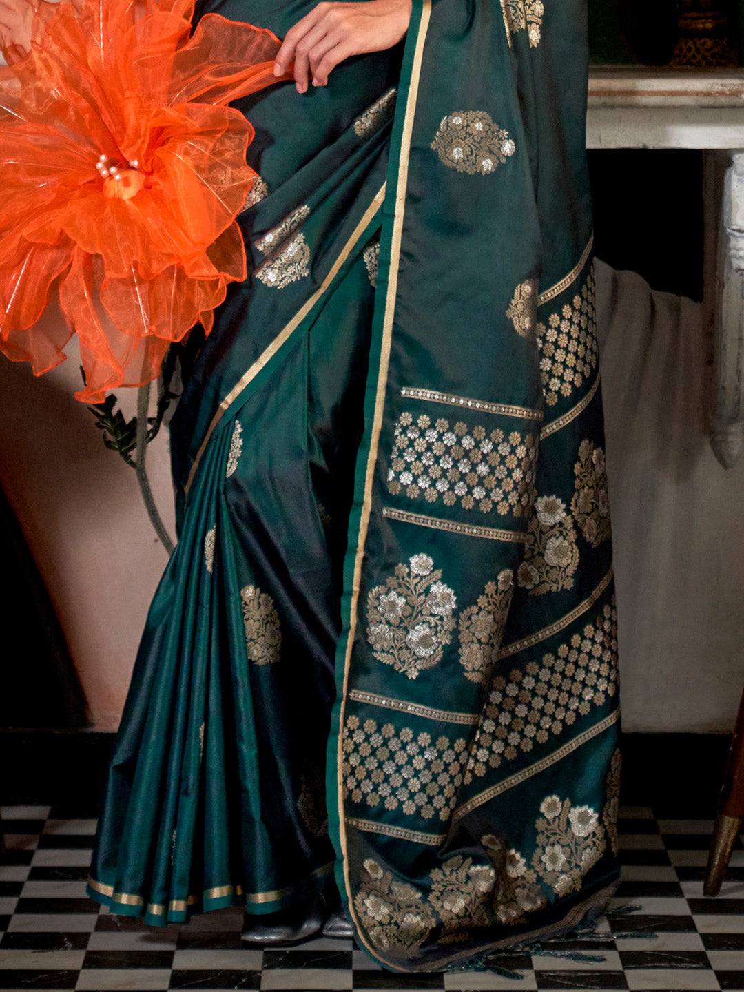 Dark Green Pure Satin Saree