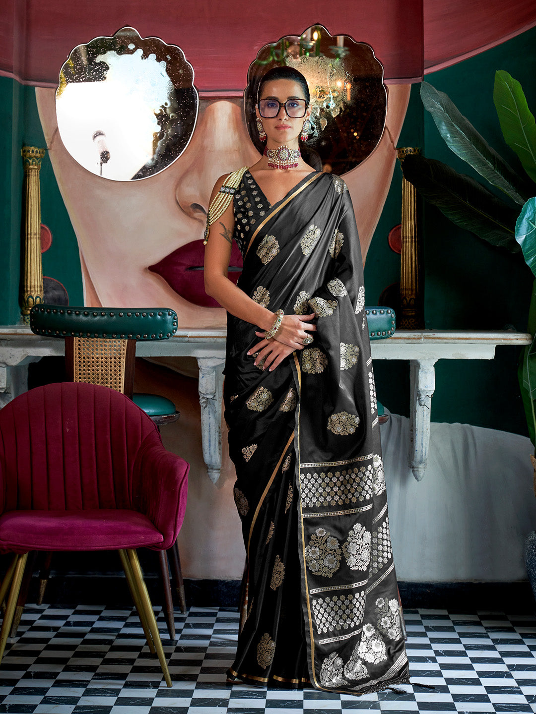 Black Pure Satin Saree