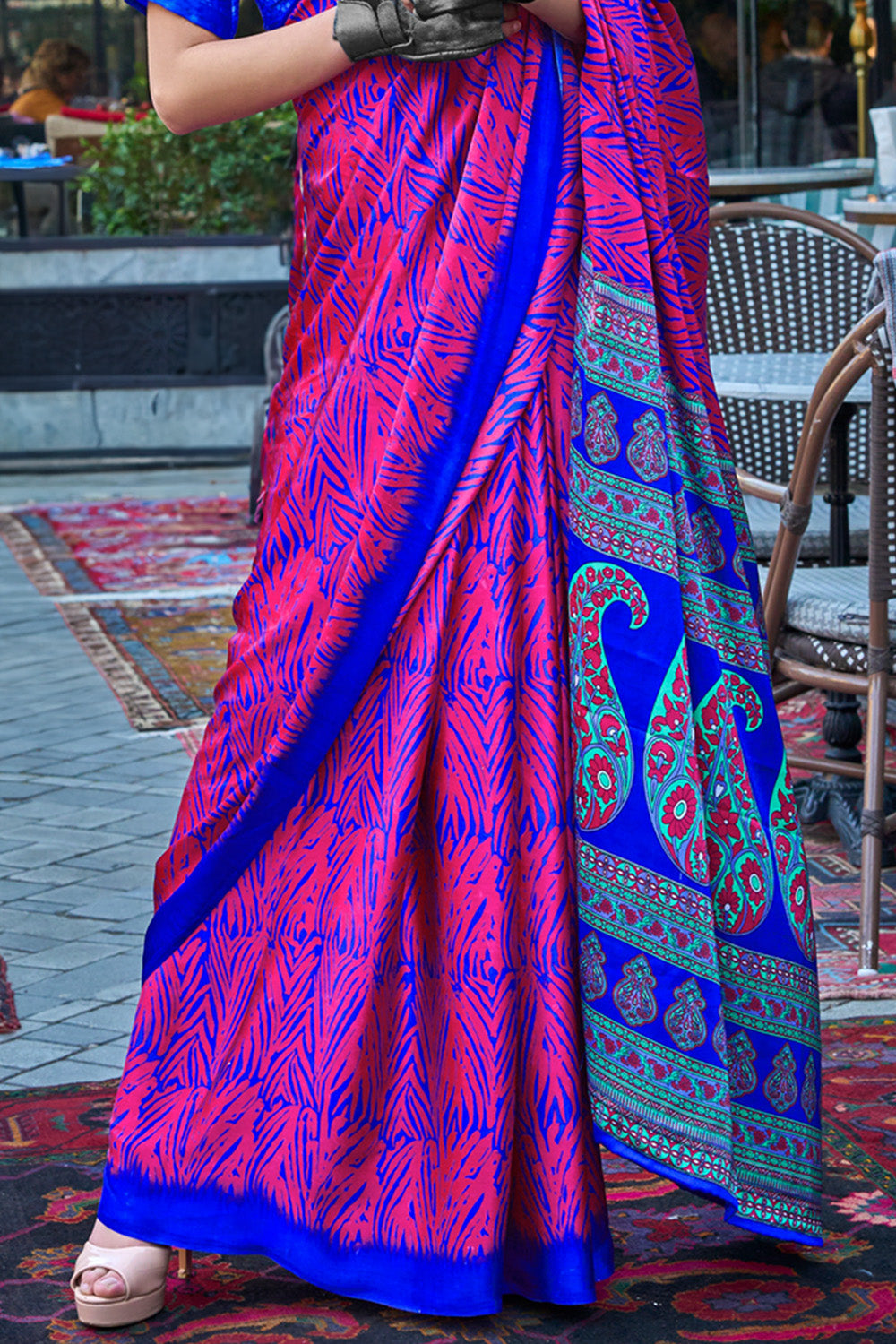 Pink & Blue Satin Silk Saree