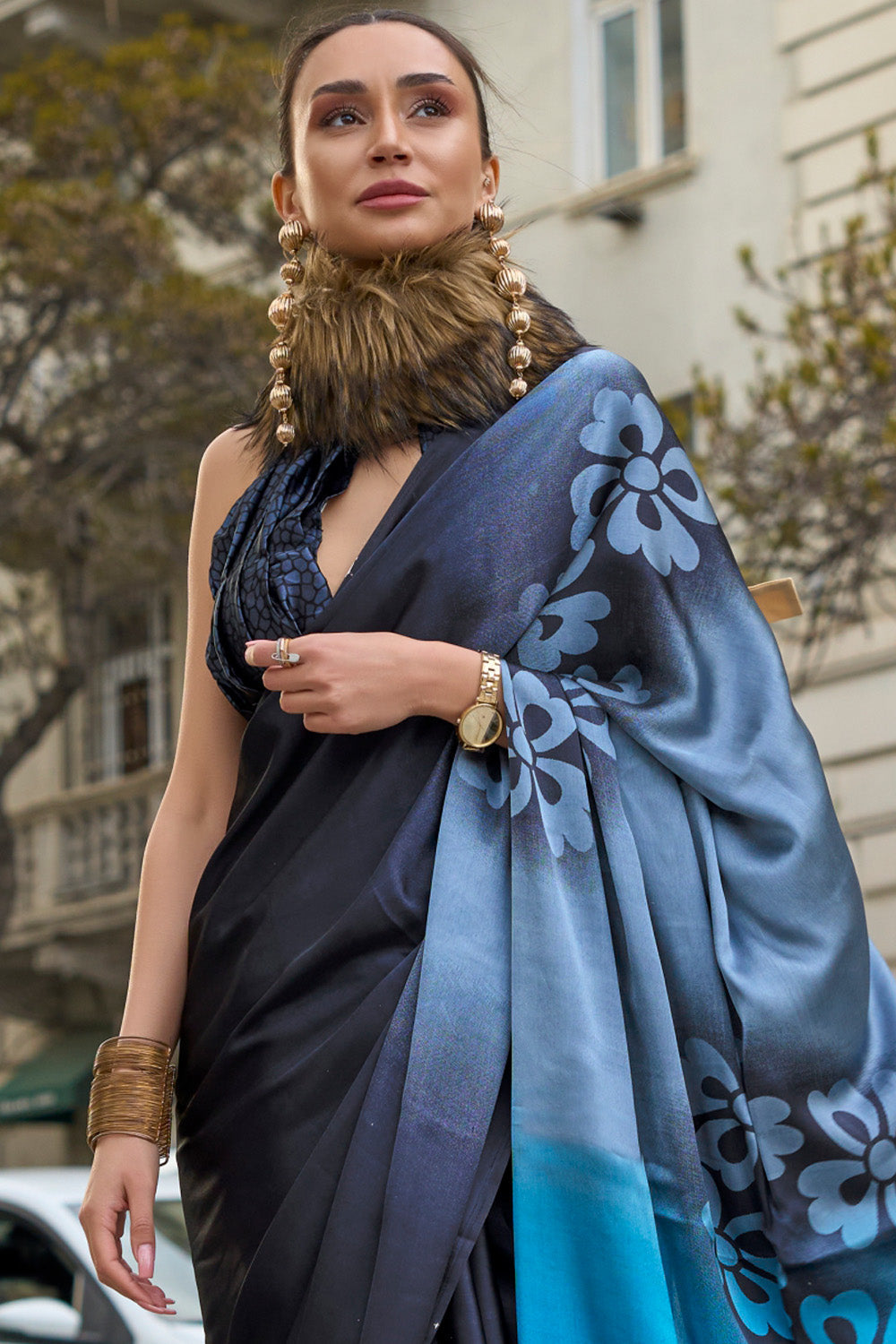 Black & Blue Satin Silk Saree