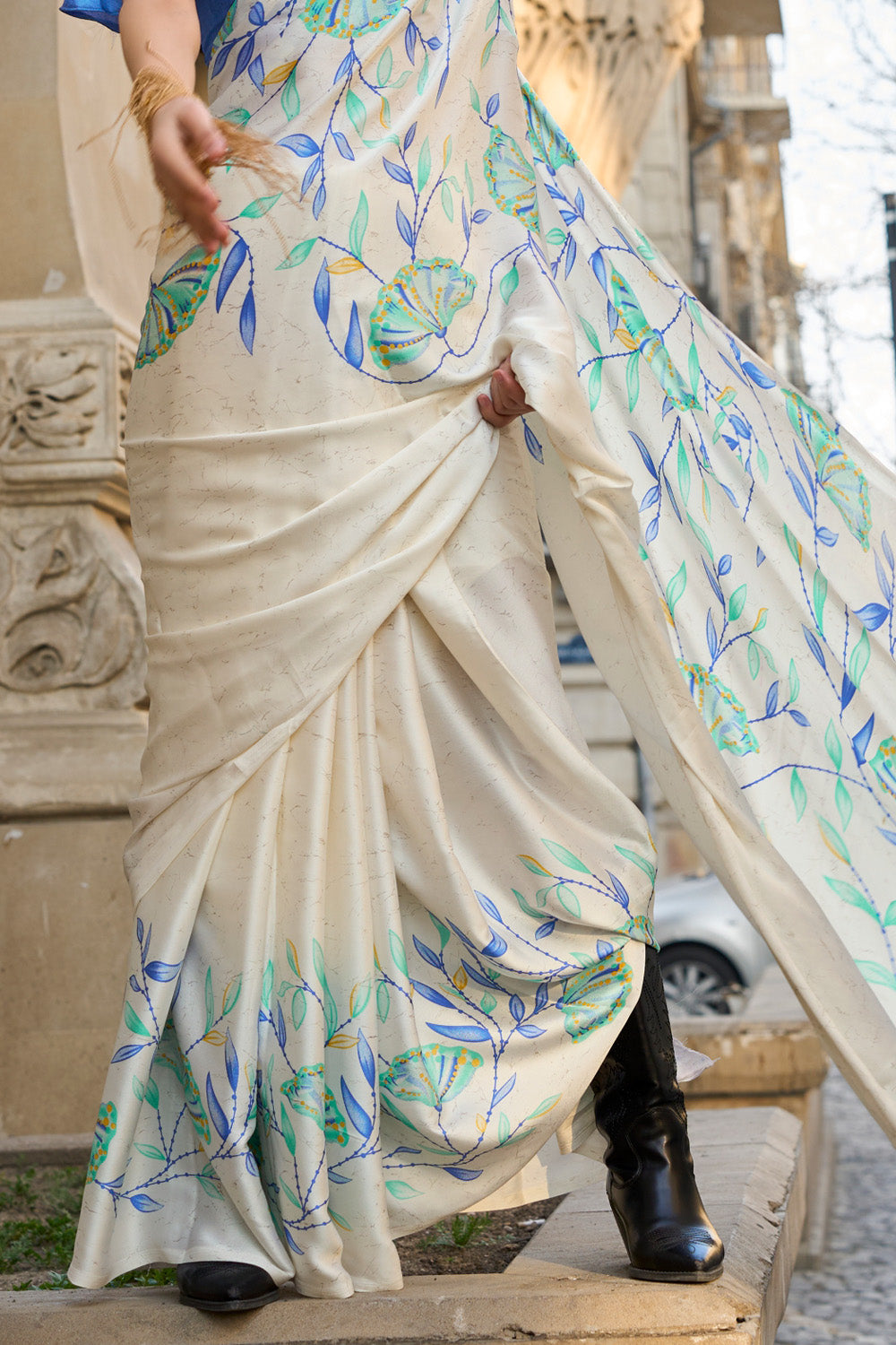 Off White Satin Silk Saree