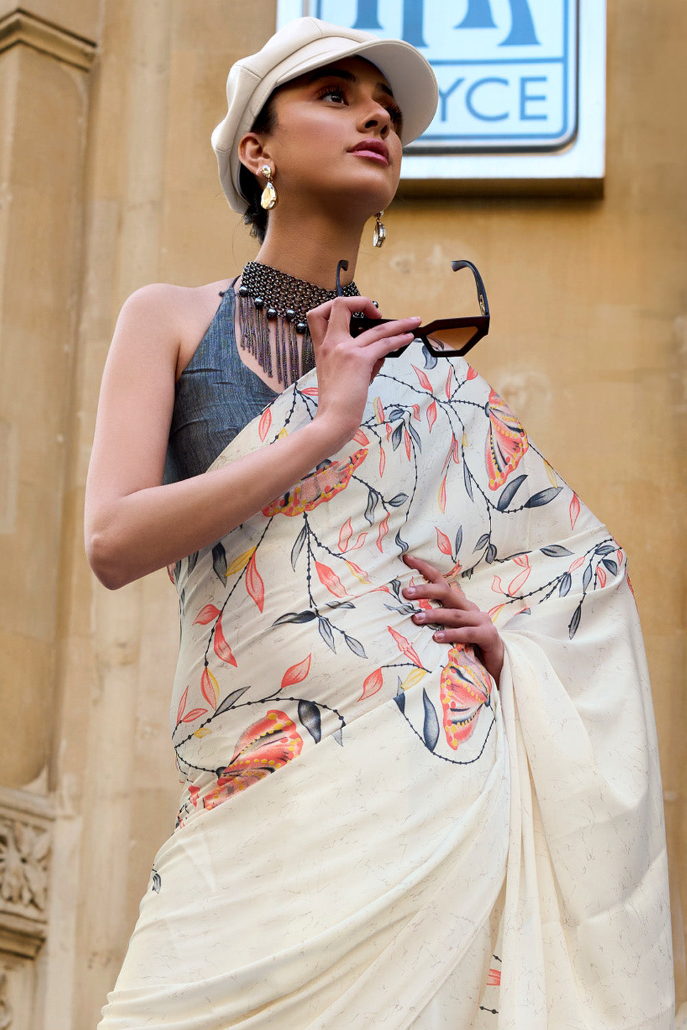 Cream Satin Silk Saree