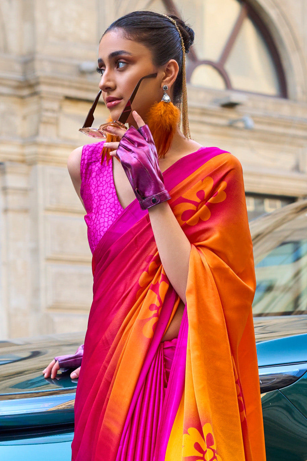 Pink Satin Silk Saree