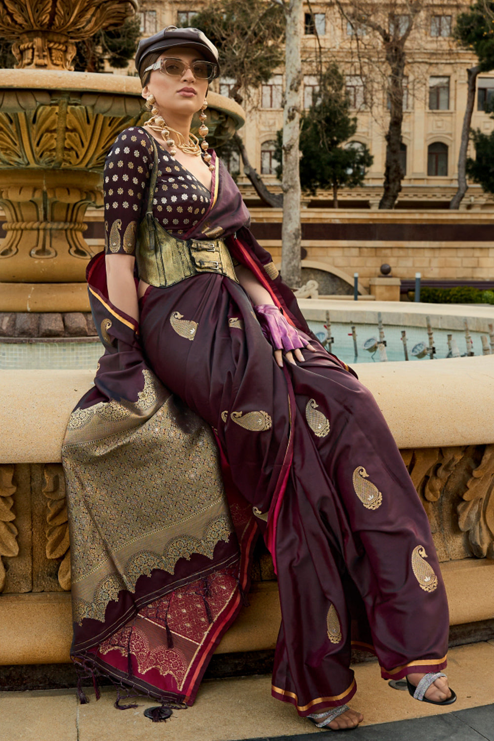 Wine Banarasi Silk Saree