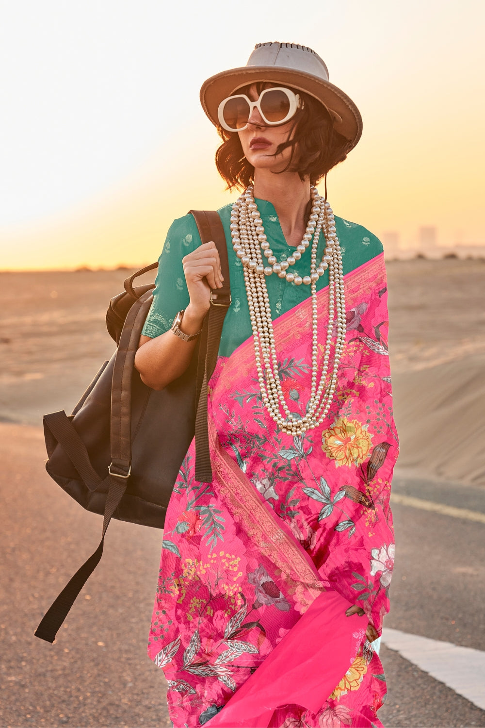 Rouge Pink Printed Tussar Saree