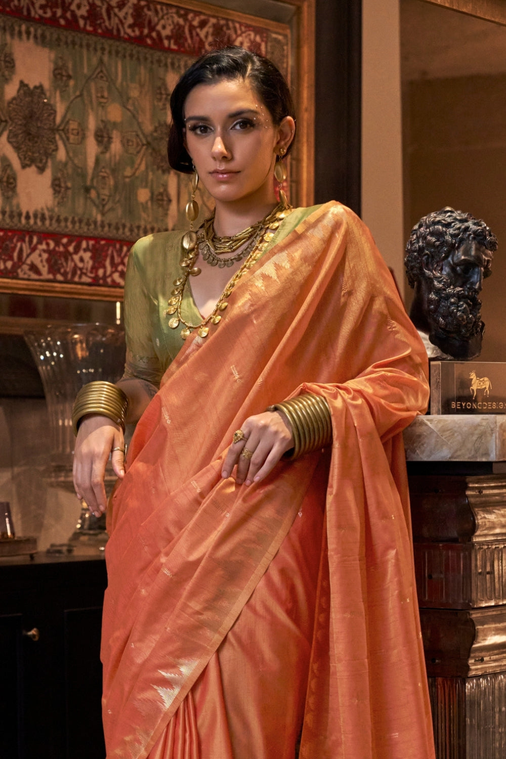 Orange Tussar Silk Saree
