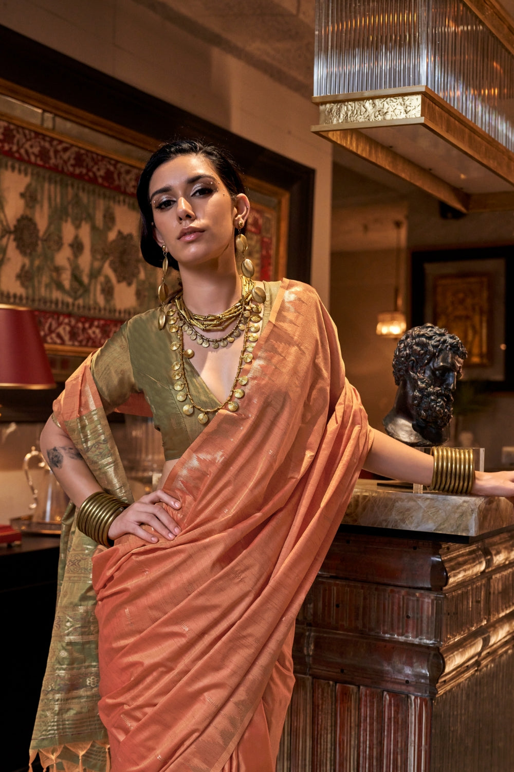 Orange Tussar Silk Saree