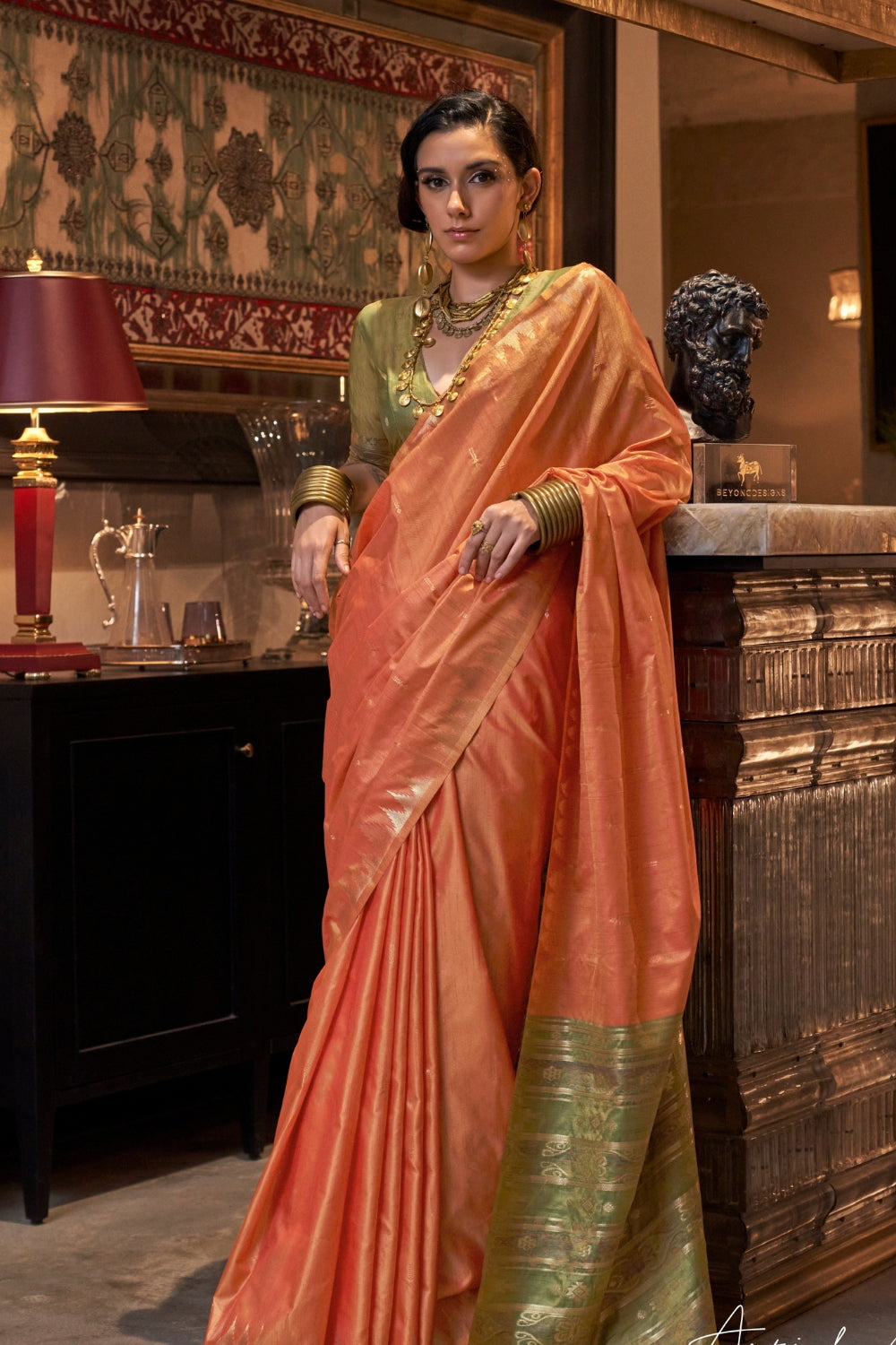 Orange Tussar Silk Saree
