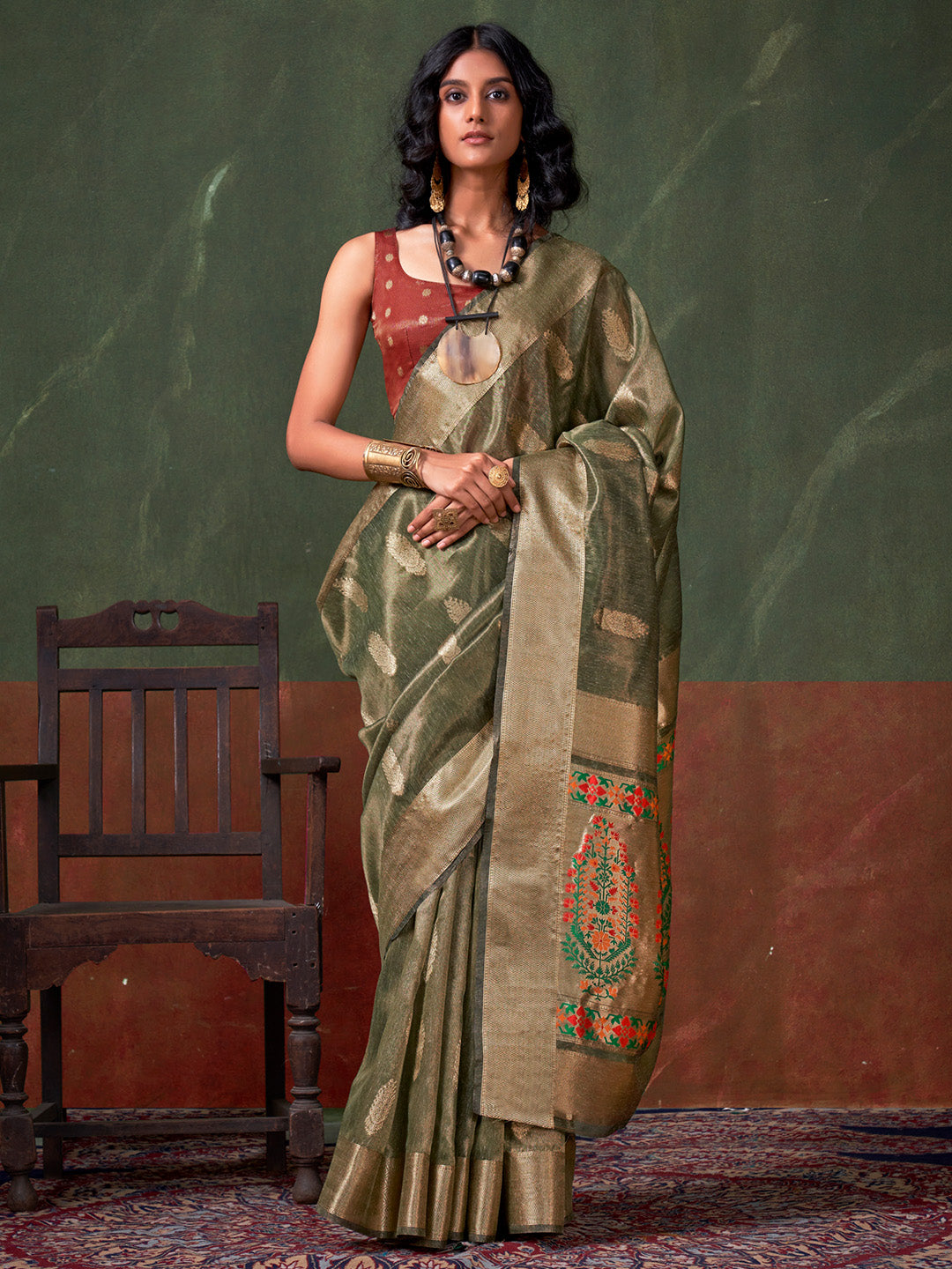 Olive Paithani Zari Tissue Saree