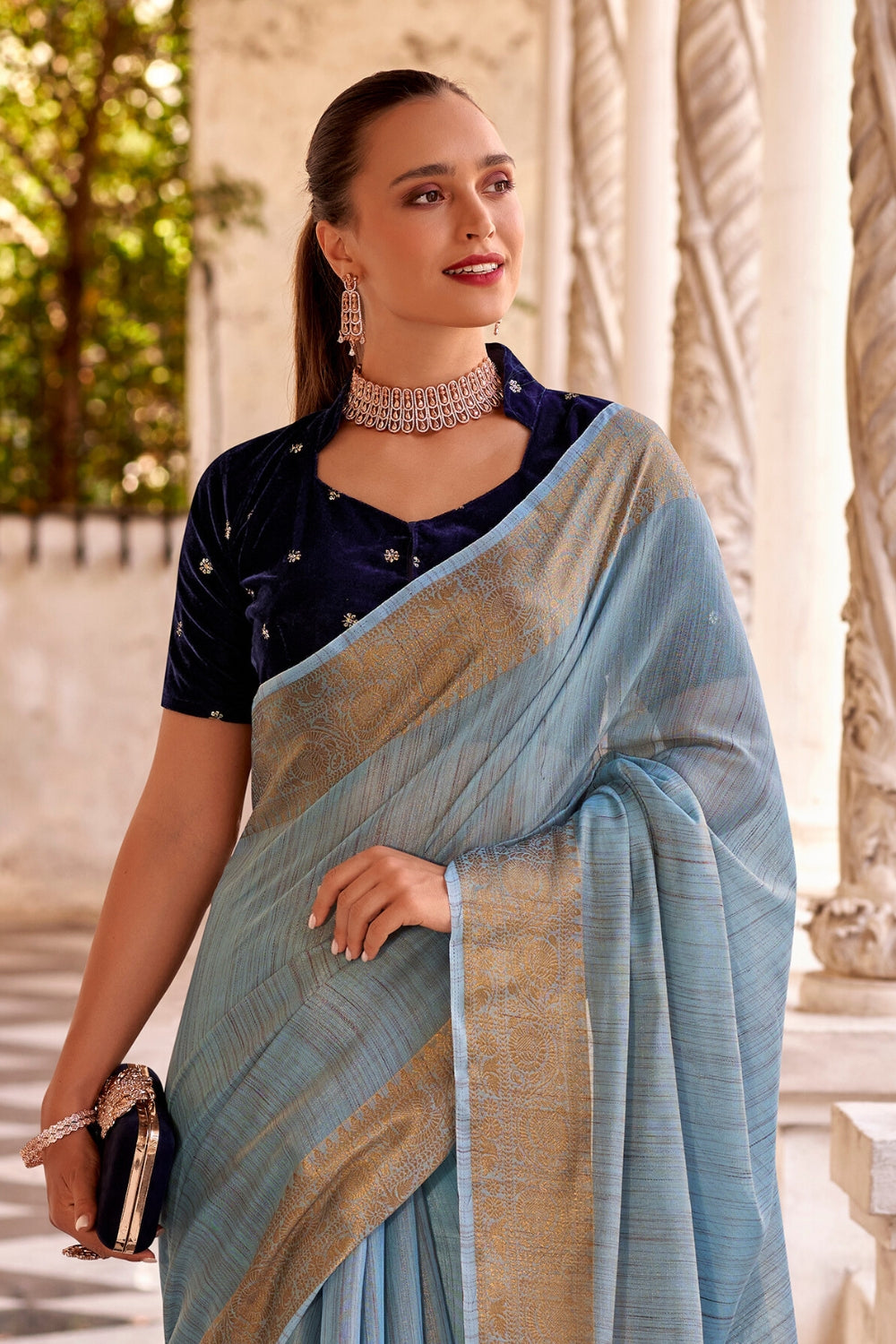 Blue Tissue Linen With Zari Weaving Saree