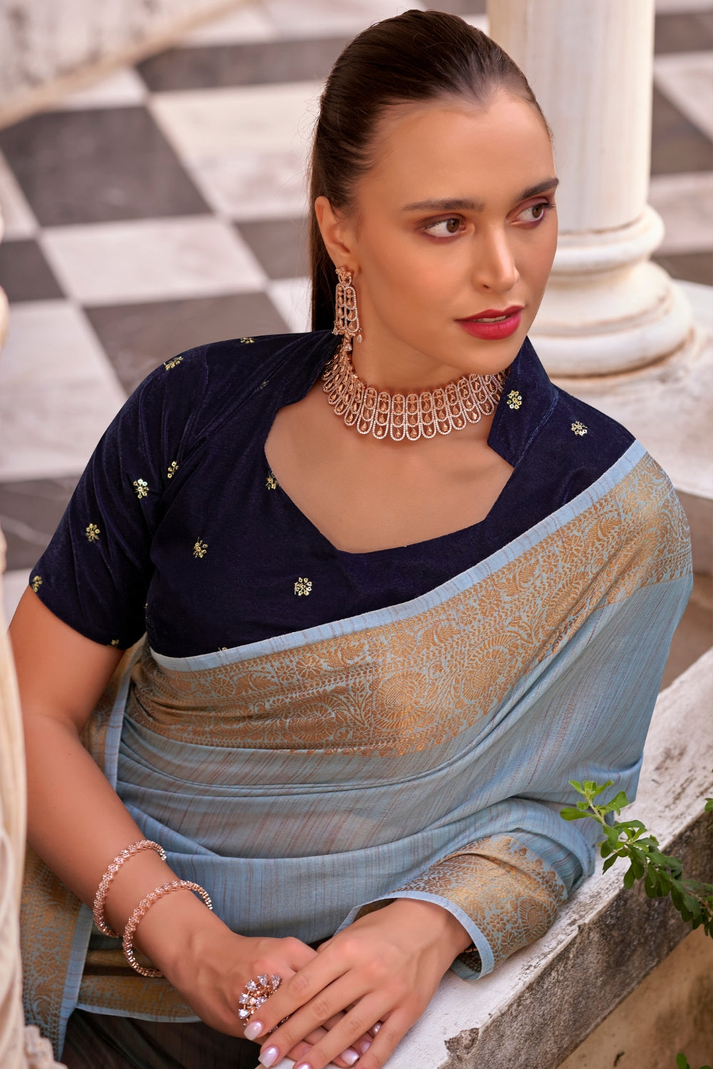 Blue Tissue Linen With Zari Weaving Saree