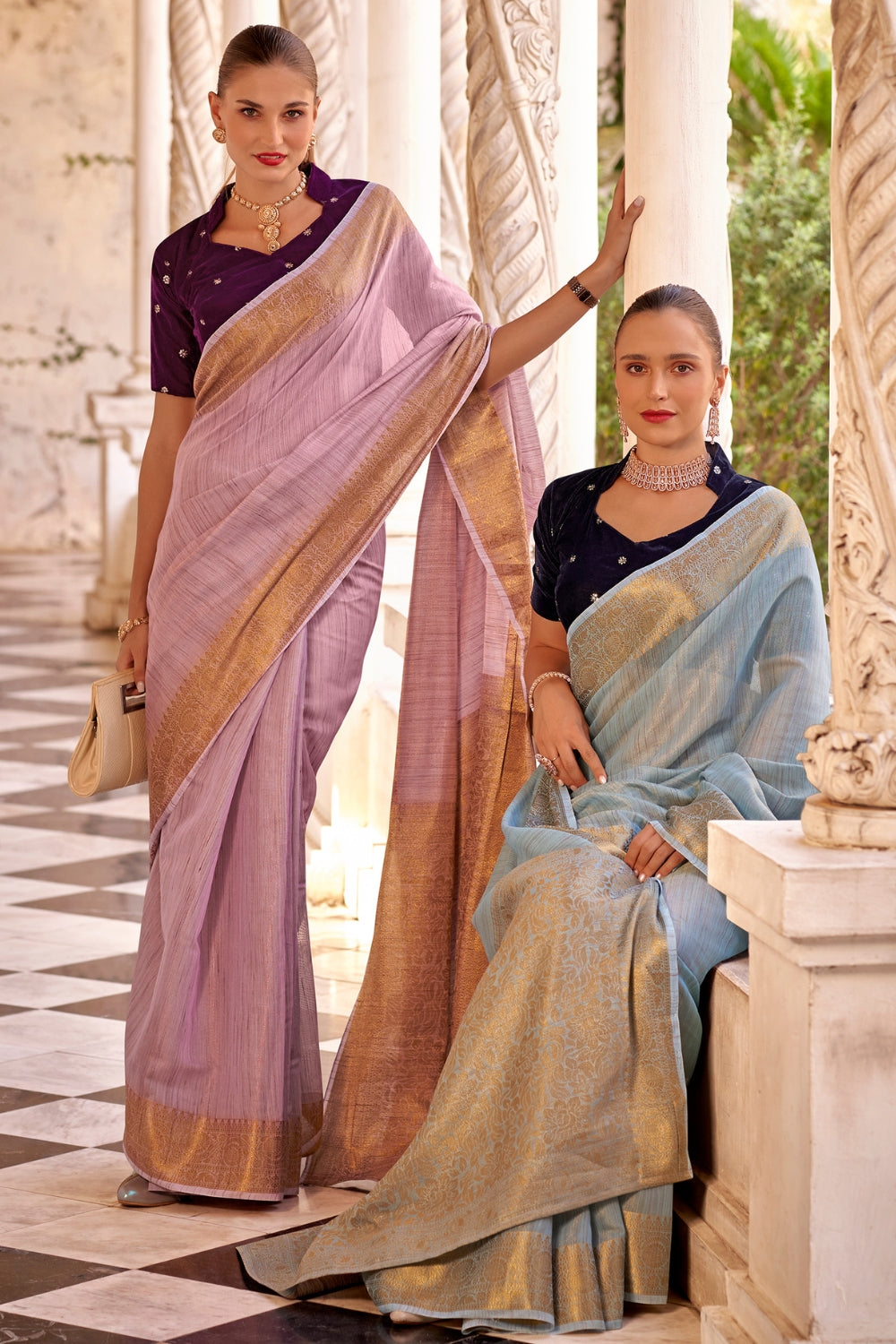 Blue Tissue Linen With Zari Weaving Saree