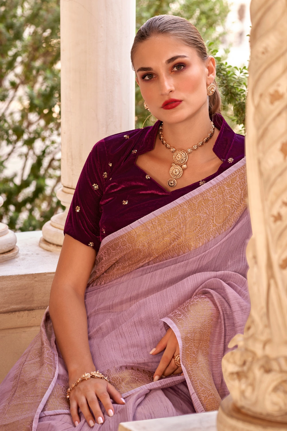 Purple Tissue Linen With Zari Weaving Saree