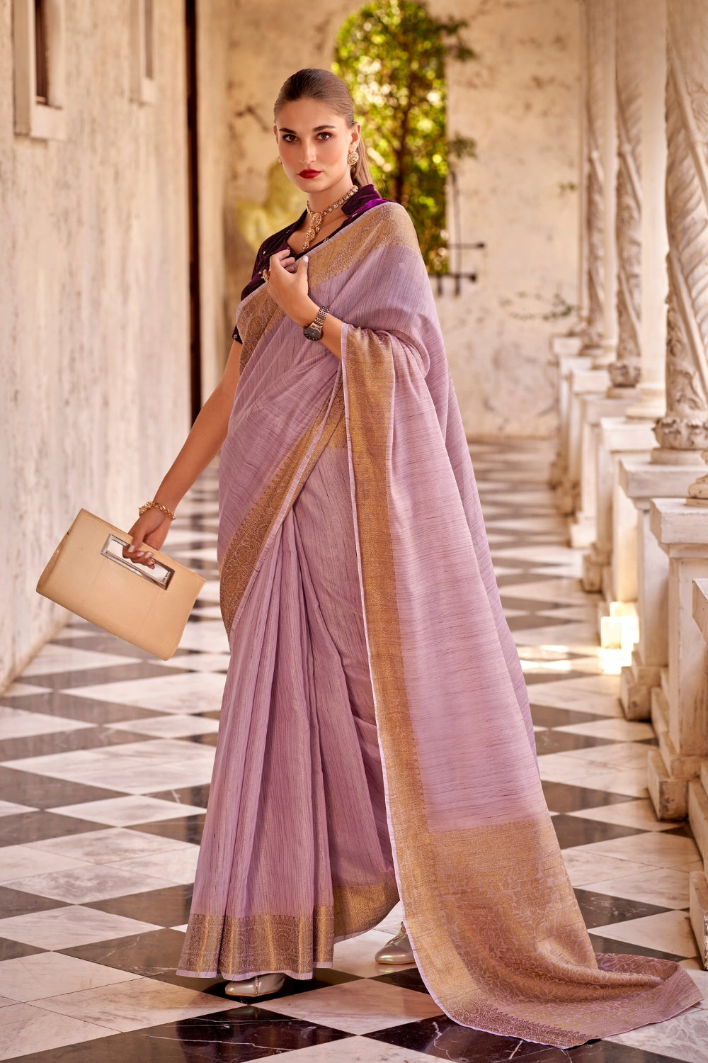 Purple Tissue Linen With Zari Weaving Saree