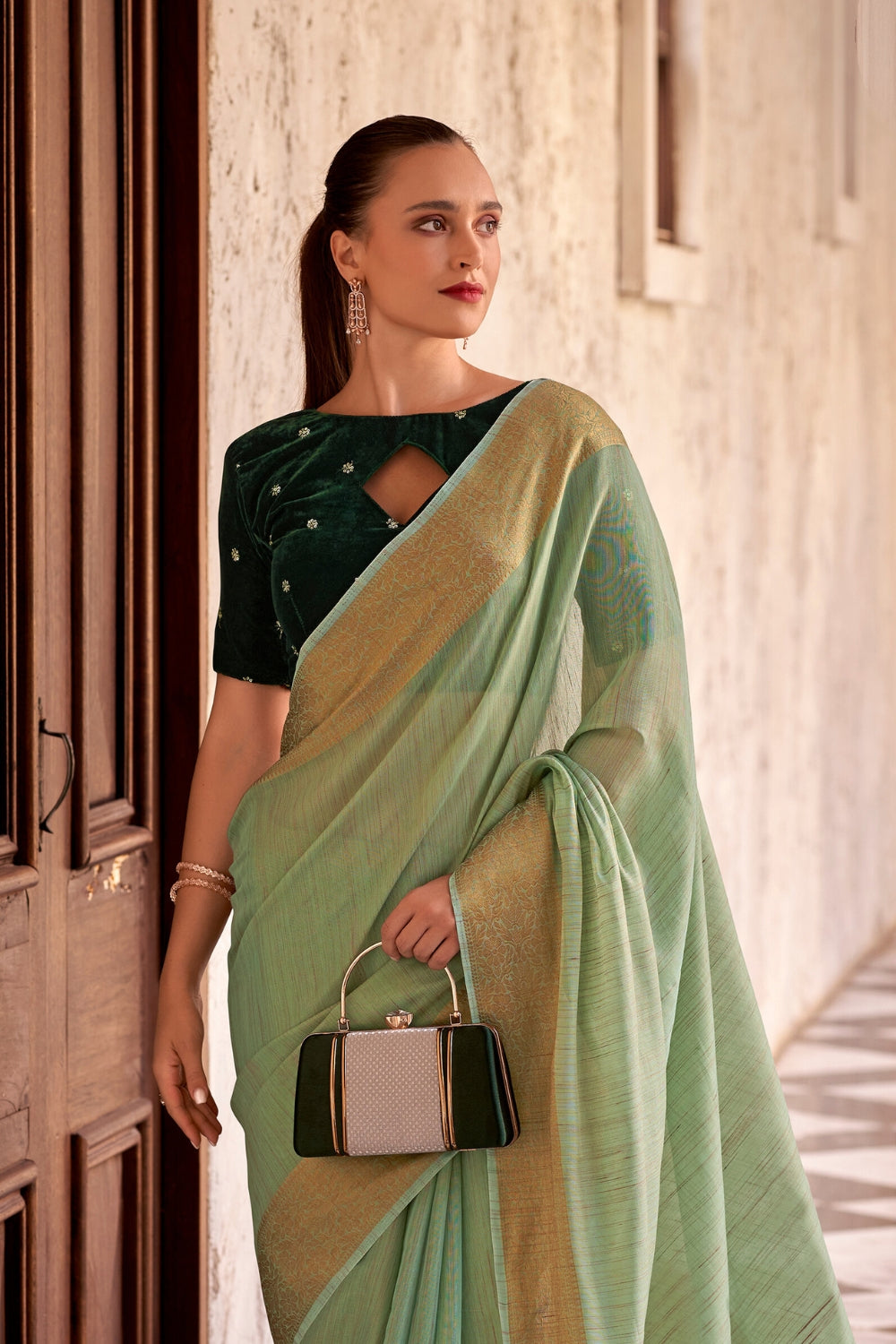 Green Tissue Linen With Zari Weaving Saree
