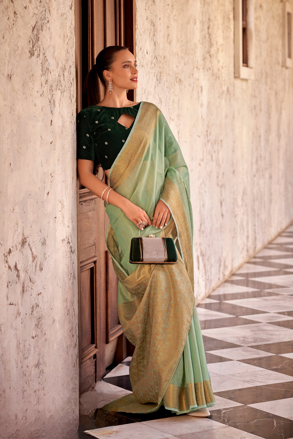 Green Tissue Linen With Zari Weaving Saree