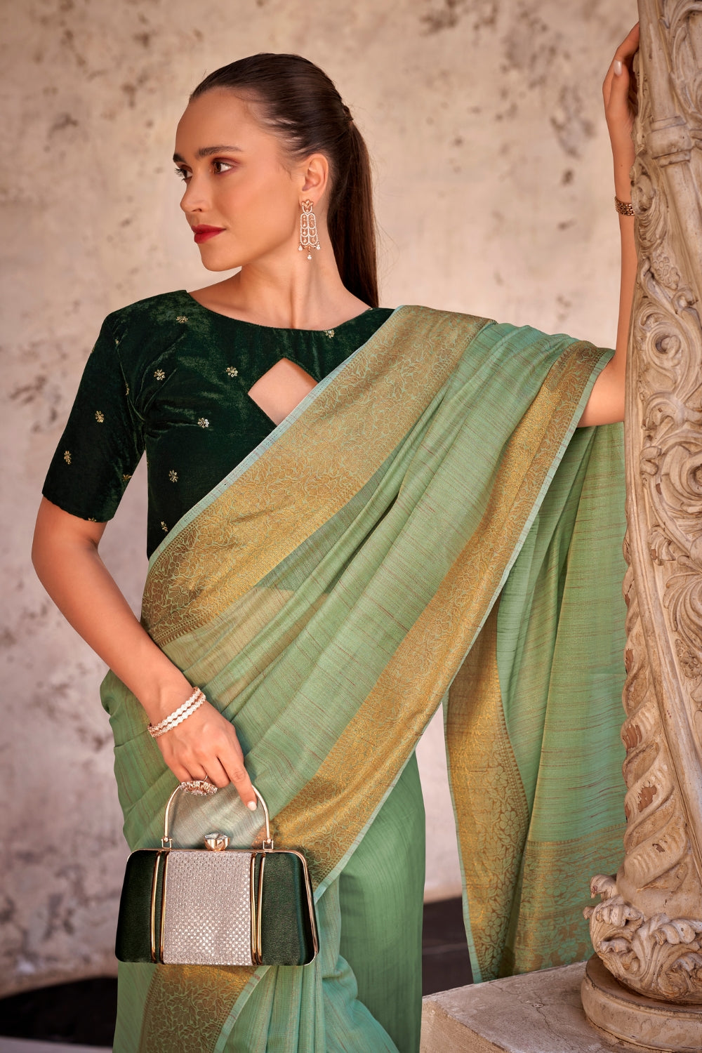 Green Tissue Linen With Zari Weaving Saree