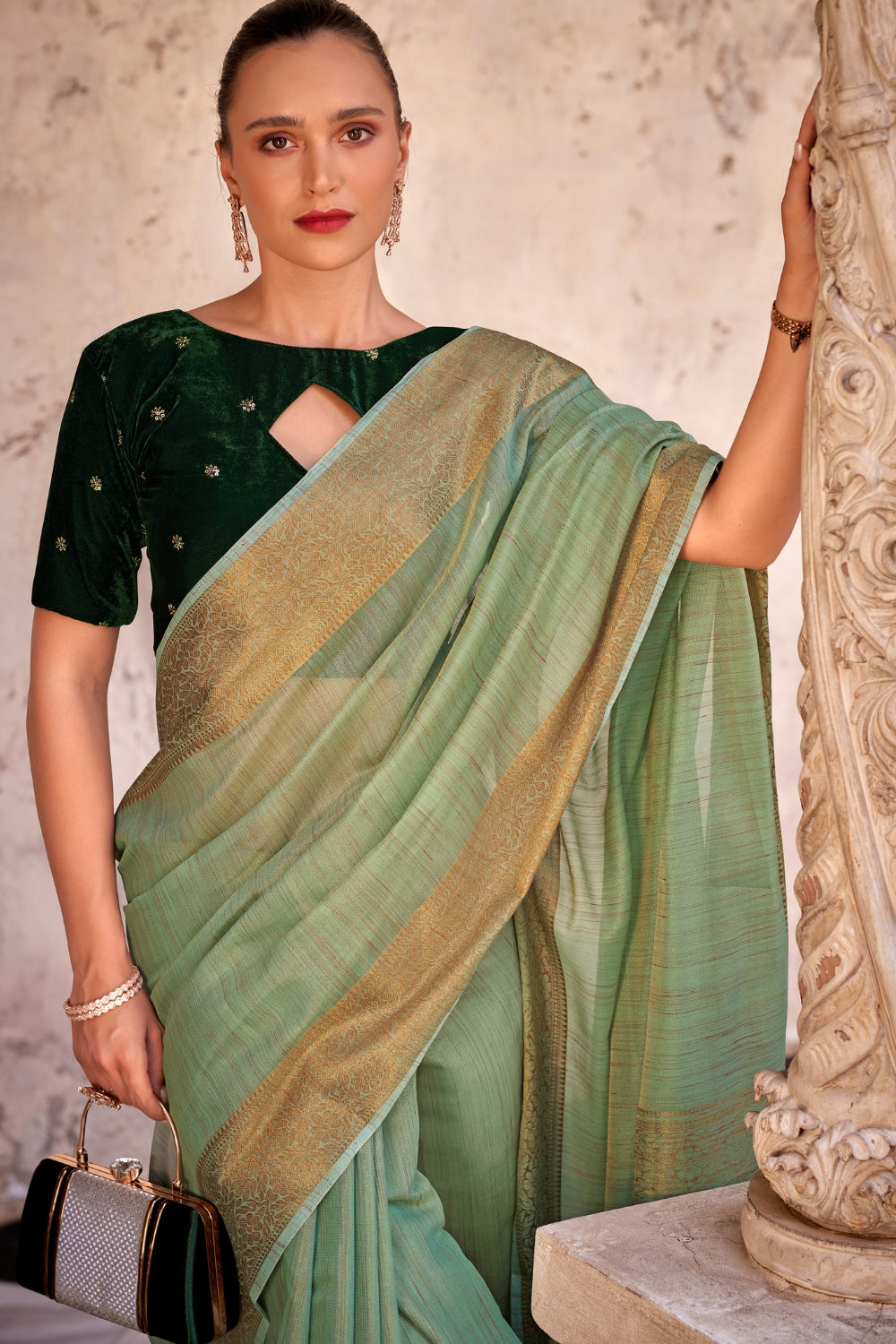Green Tissue Linen With Zari Weaving Saree