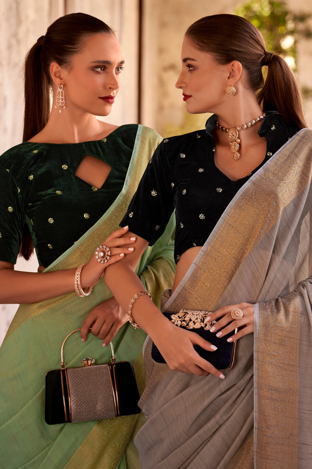 Green Tissue Linen With Zari Weaving Saree