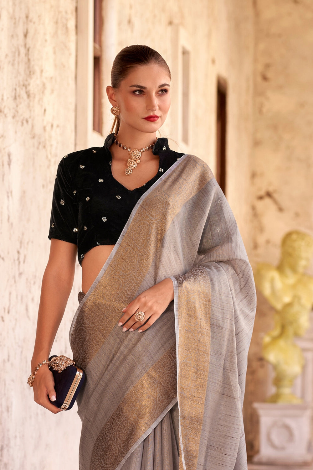 Grey Tissue Linen With Zari Weaving Saree