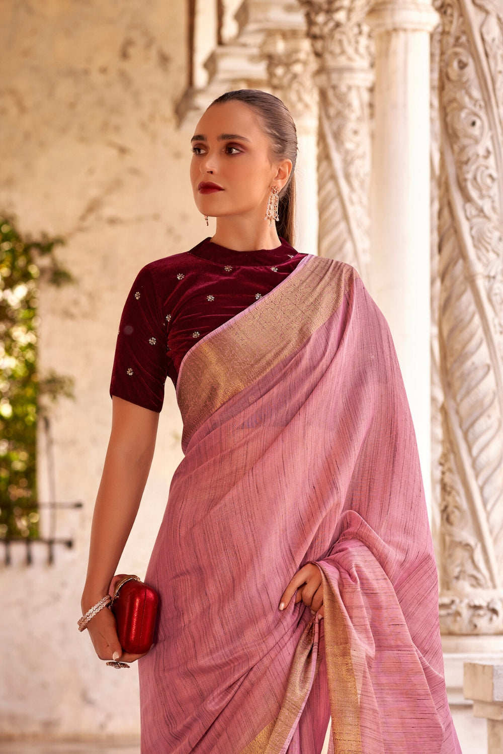 Pink Tissue Linen With Zari Weaving Saree