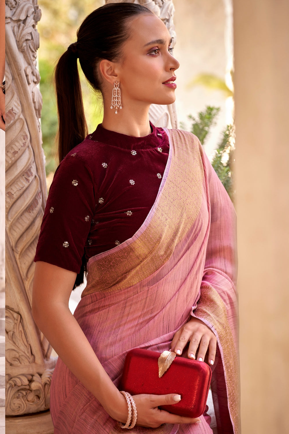Pink Tissue Linen With Zari Weaving Saree